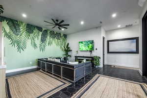 Welcome area featuring recessed lighting and a ceiling fan