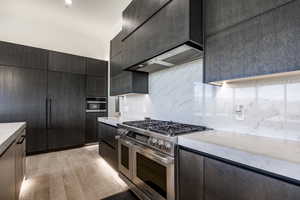 Kitchen featuring stainless steel appliances, light wood-style floors, tasteful backsplash, and premium range hood