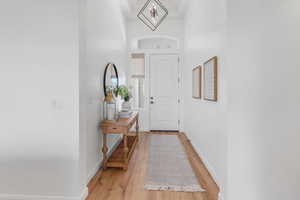 Doorway to outside with light hardwood / wood-style floors