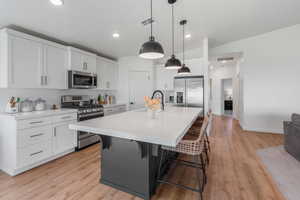 Kitchen with appliances with stainless steel finishes, light wood-type flooring, white cabinets, and a kitchen island with sink