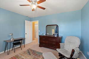 Living area with ceiling fan and light colored carpet