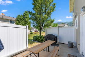 View of patio with a mountain view