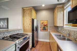 Kitchen featuring tasteful backsplash, light hardwood / wood-style flooring, appliances with stainless steel finishes, and sink