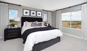 Bedroom featuring carpet floors and multiple windows.This is a picture of the model home; selections and colors may vary.