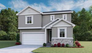 View of front of house featuring a garage and a front yard.This is a rendering only; materials and selections may vary.