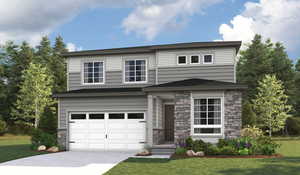 View of front of property with a garage and a front lawn.This is a rendering only. Materials and colors may vary.