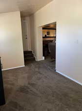 Dark colored carpet, a textured ceiling