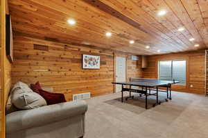 Playroom featuring wood walls, carpet, and wooden ceiling