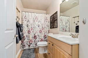 Bathroom featuring toilet, hardwood / wood-style floors, vanity, and a textured ceiling