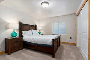 Carpeted bedroom with a closet