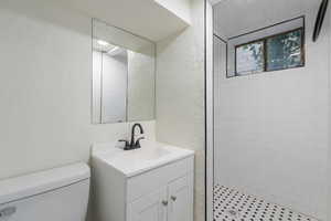 Bathroom with toilet, vanity, and a tile shower