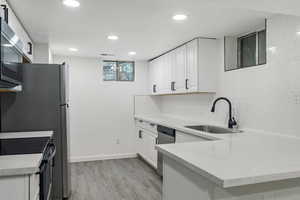 Kitchen featuring white cabinetry, light wood-type flooring, appliances with stainless steel finishes, decorative backsplash, and sink