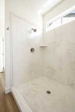 Bathroom with wood-type flooring and walk in shower
