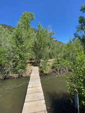 View of foot bridge with a water view