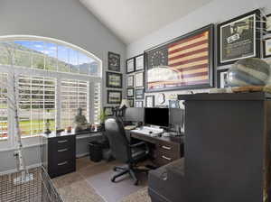 bedroom area with carpet flooring and lofted ceiling