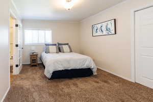 Carpeted bedroom with crown molding