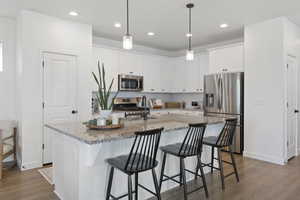 Kitchen with stainless steel appliances, dark hardwood / wood-style flooring, white cabinets, pendant lighting, and an island with sink