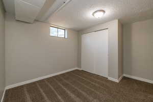 Interior space featuring dark colored carpet and a textured ceiling