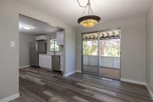 Interior space with white cabinetry, dark hardwood / wood-style floors, appliances with stainless steel finishes, and pendant lighting