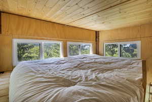 Bedroom with hardwood / wood-style flooring, multiple windows, and wooden ceiling