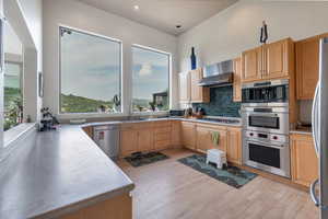 Kitchen featuring light hardwood / wood-style flooring, tasteful backsplash, wall chimney range hood, appliances with stainless steel finishes, and sink