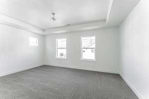 Empty room with a textured ceiling, carpet floors, and a raised ceiling
