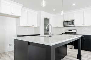 Kitchen with sink, white cabinetry, stainless steel appliances, pendant lighting, and a center island with sink
