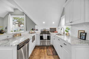 ADU Kitchen with backsplash, dark wood-type flooring, stainless steel appliances, vaulted ceiling, and sink