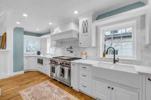 Kitchen featuring premium range hood, tasteful backsplash, stainless steel appliances, and light hardwood / wood-style floors