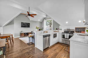 ADU Kitchen featuring hardwood / wood-style flooring, sink, ceiling fan, and stainless steel appliances