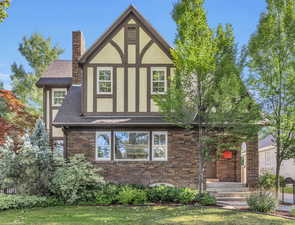 Tudor-style house with a front lawn