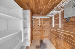 Walk in closet with light hardwood / wood-style floors