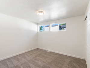 Unfurnished room featuring a textured ceiling and carpet flooring