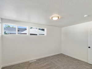 Unfurnished room with carpet and a textured ceiling