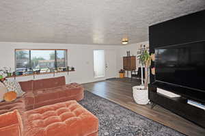 Living room featuring a textured ceiling and hardwood / wood-style flooring