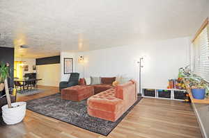 Living room featuring a textured ceiling and hardwood / wood-style flooring