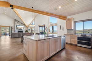 Kitchen with stainless steel appliances, light brown cabinetry, a stone fireplace, sink, and high vaulted ceiling