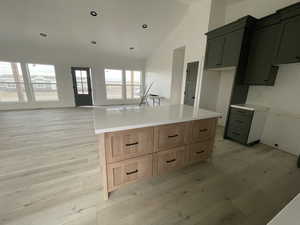 Kitchen featuring light hardwood / wood-style flooring, a center island, and high vaulted ceiling