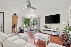 Living room featuring ceiling fan and wood-type flooring