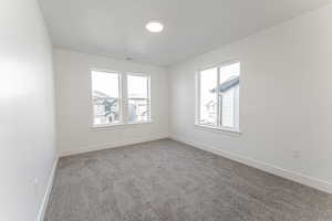 Unfurnished room featuring visible vents, baseboards, and carpet flooring