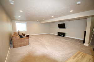 Interior space featuring carpet and a textured ceiling