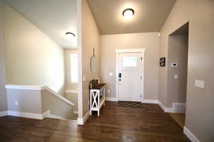 Foyer with dark hardwood / wood-style floors, lofted ceiling, and a wealth of natural light