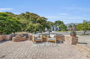 View of patio with a mountain view