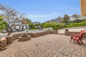 View of patio featuring a mountain view