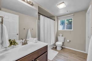 Bathroom with vanity, toilet, and wood-type flooring