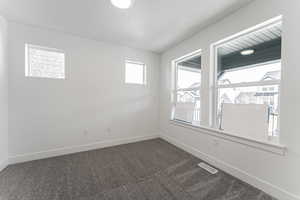 Carpeted spare room with a textured ceiling