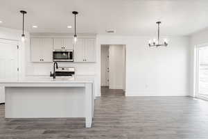 Kitchen featuring white cabinets, a healthy amount of sunlight, stainless steel appliances, and an island with sink