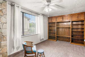 Living area featuring carpet, ceiling fan, and a textured ceiling