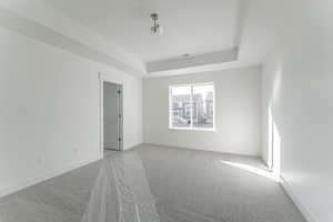 Empty room with carpet and a tray ceiling