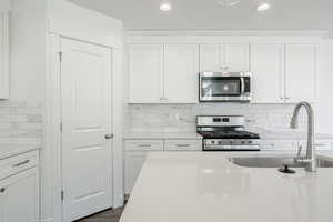 Kitchen with white cabinets, sink, dark hardwood / wood-style floors, appliances with stainless steel finishes, and tasteful backsplash